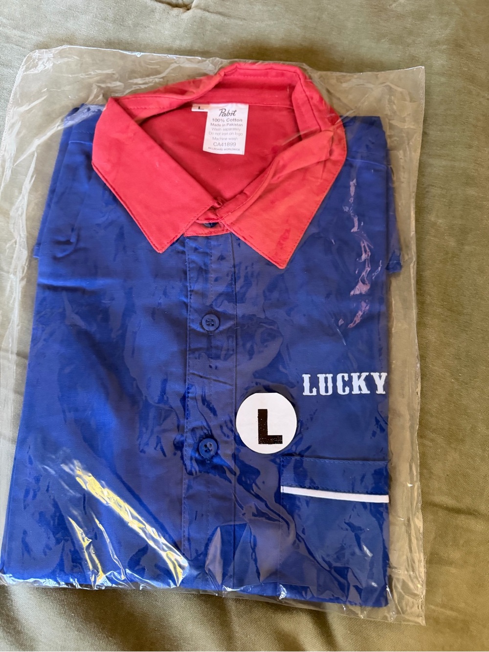 Pabst Blue Ribbon Men's Blue Shirt with Red Collar - Casual Button-Up